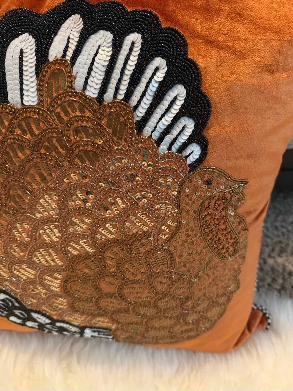 Mackenzie Childs Velvet Turkey Accent Pillow in Orange